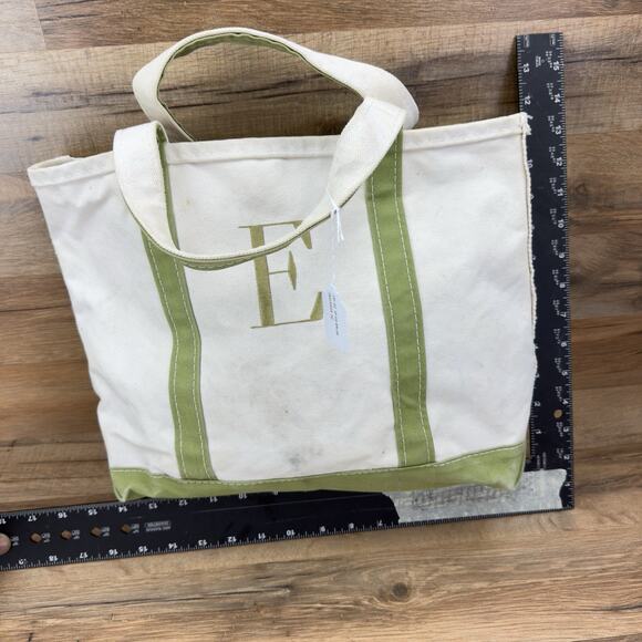 Vtg LL Bean “E” Boat Tote Small Bag Natural With Olive Green 13" by 9.5" - Picture 4 of 8